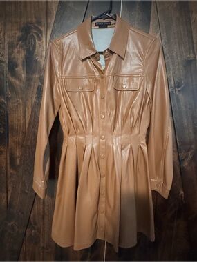 Alice + Olivia Camel Faux Leather Pleated Shirt Dress